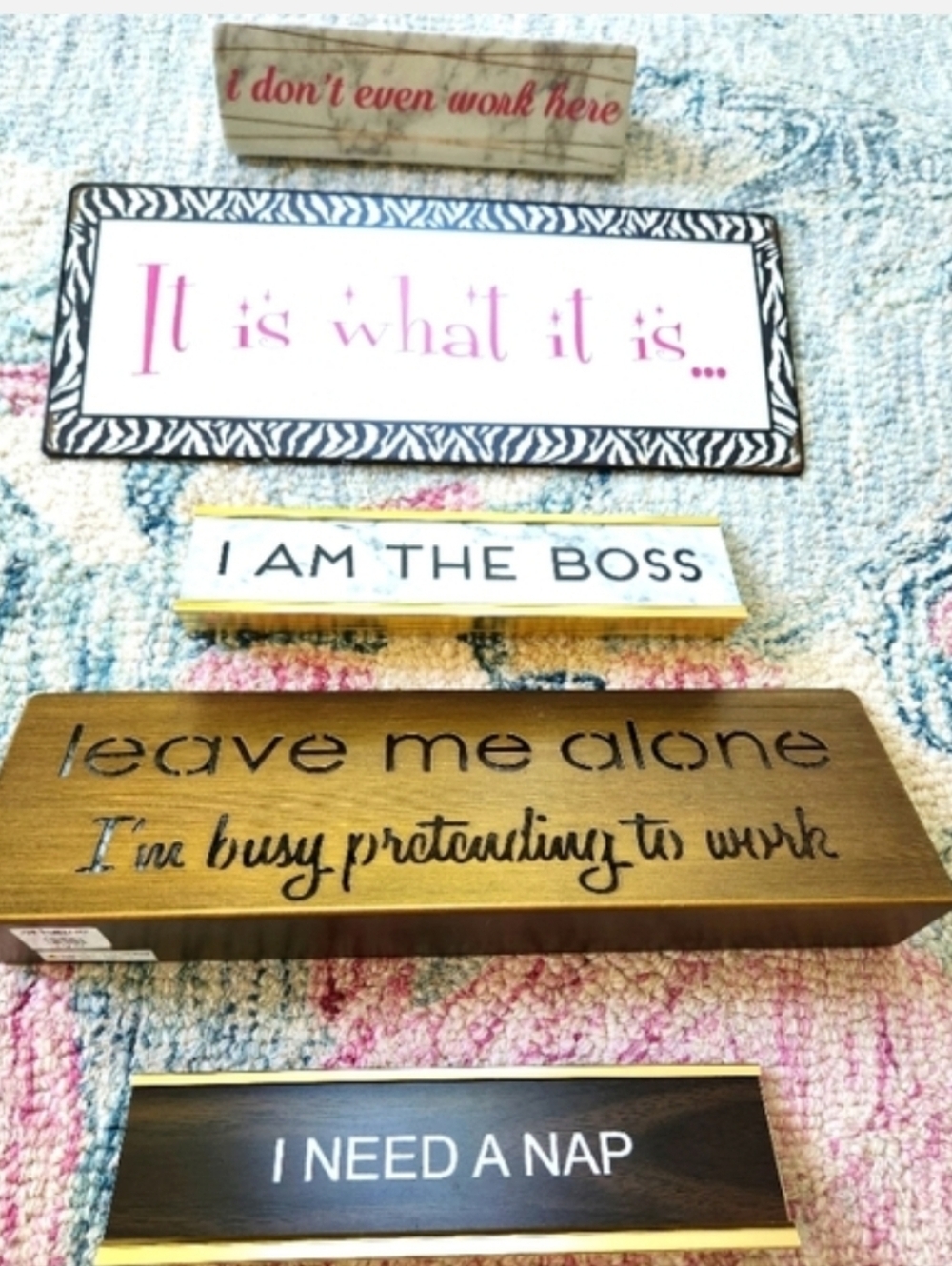 Desk Nameplate Sign - I NEED A NAP - Gold Frame, Dark Wood - Picture 6 of 6